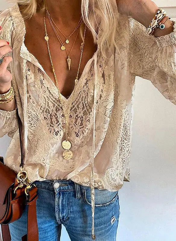 Image of Allison | Women's Long Sleeve V-Neck Tie Neck Blouse