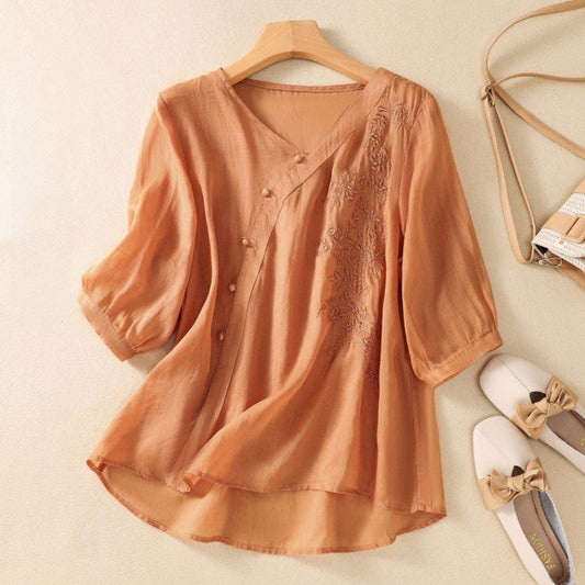 Image of Angela | Women's Embroidered V-Neck Blouson Sleeve Top