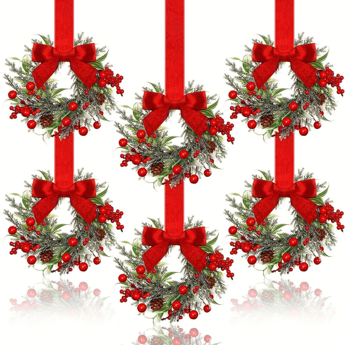 Artificial Christmas Wreath with Synthetic Pine Branches, Red Bow and Pinecone Accents