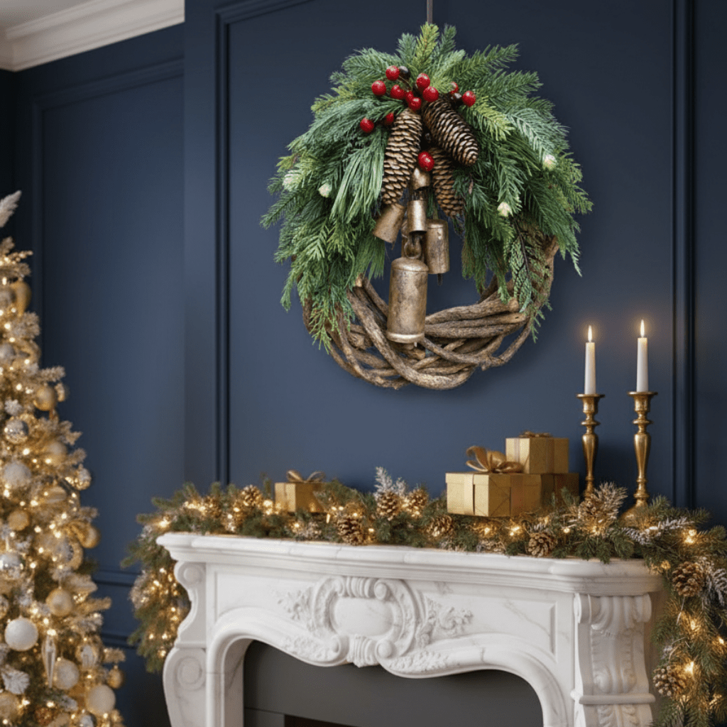 Boho Christmas Wreath with Natural Bells and Wooden Accents