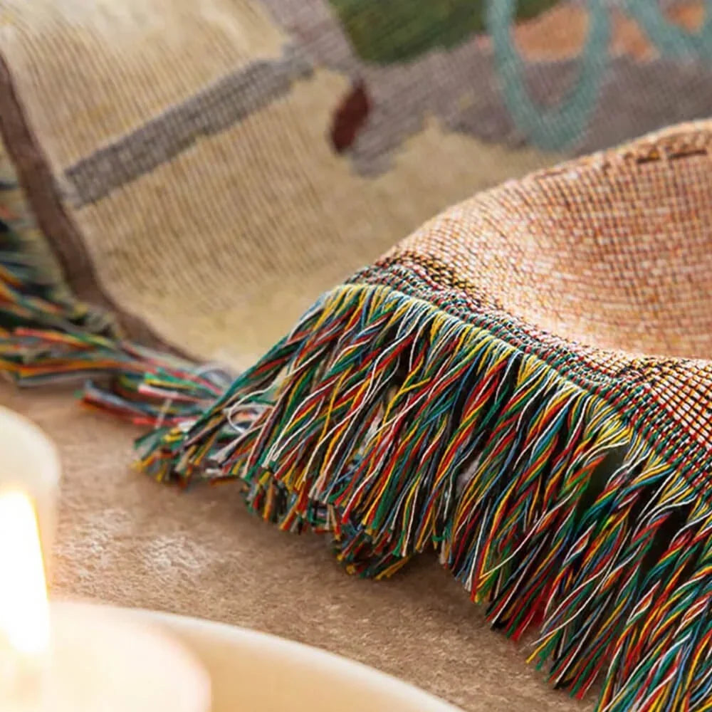 Christmas Sofa Throw Blanket with Tassels, Washable Polyester-Cotton Festive Holiday Motif Design