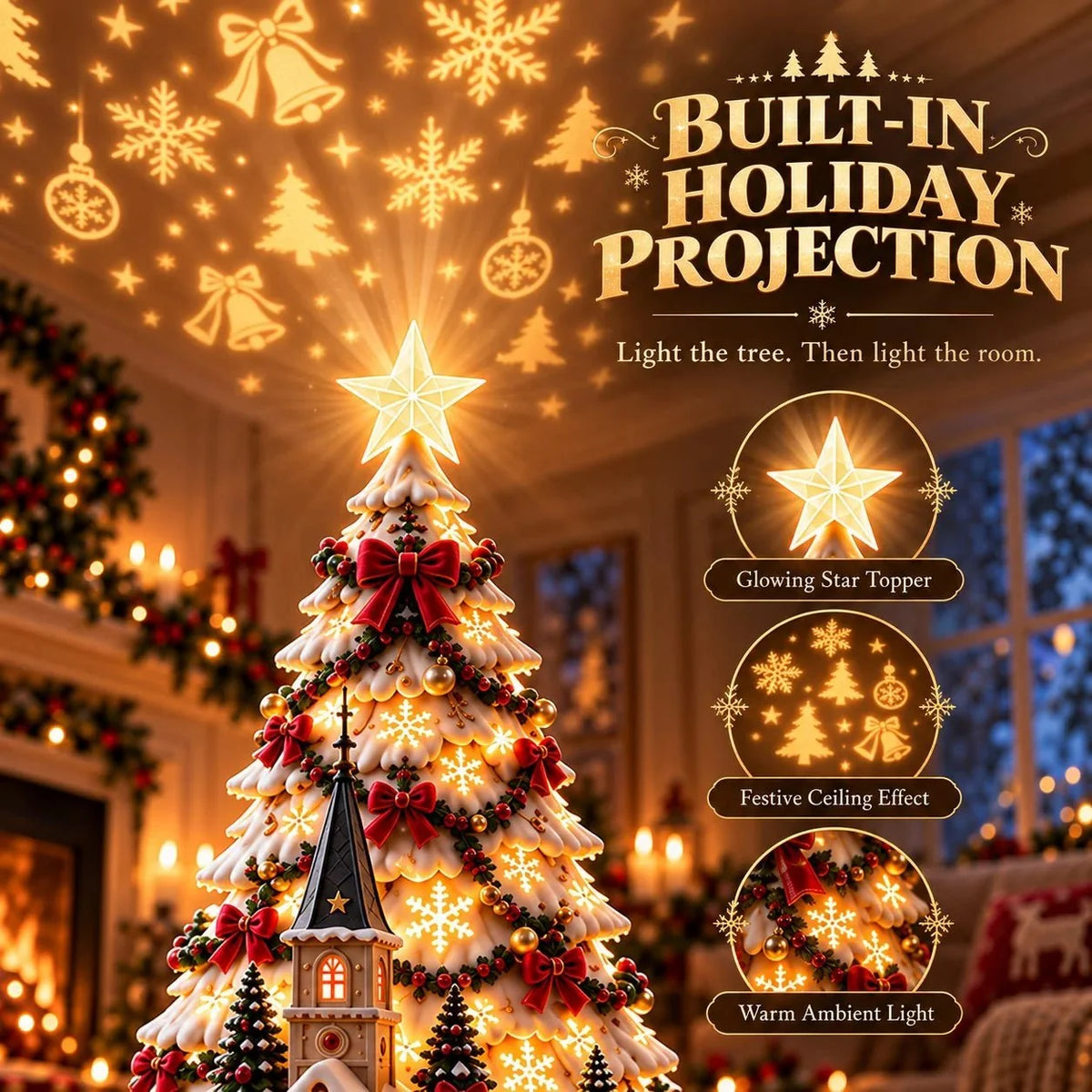 Christmas Village Tree - Warm Ivory, Red, Green, Antique Gold