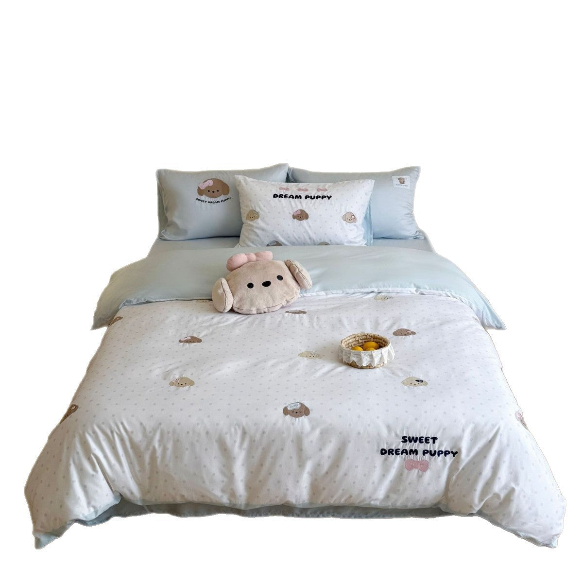 Cotton Sateen Bedding Set with Puppy Embroidery and Extra-Soft Finish