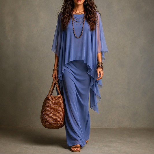 Draped Cape Sleeve Asymmetrical Hem Maxi Dress