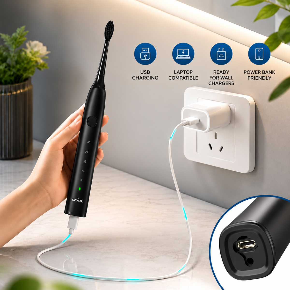 Electric Sonic Toothbrush with 5 Cleaning Modes, USB Rechargeable Battery, 50+ Days Battery Life, Quiet & Deep Cleaning, Includes 8 Replacement Heads