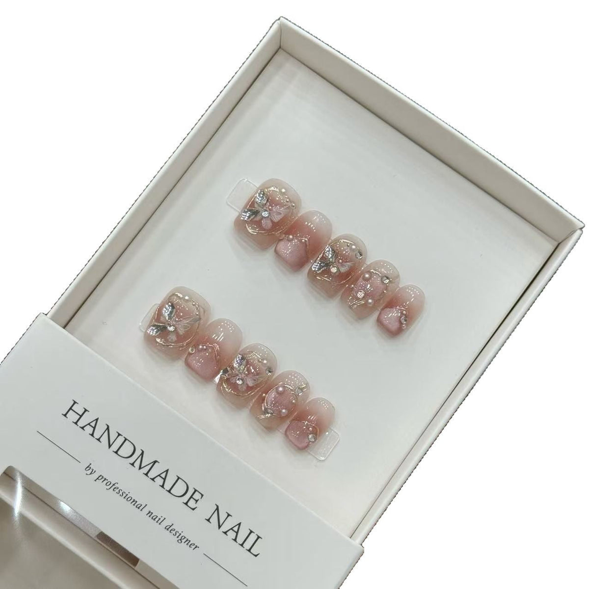 Handmade Artistic Press-On Nail Set with Floral and Gem Accents