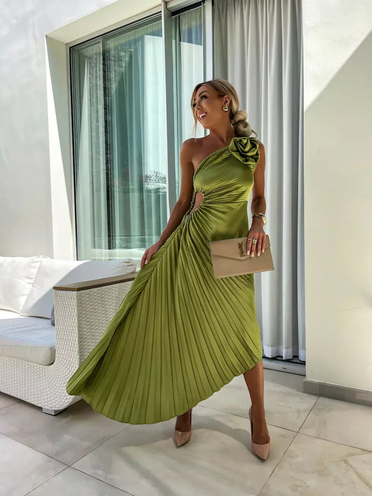 Image of Jane | Women's One Shoulder Pleated Midi Dress