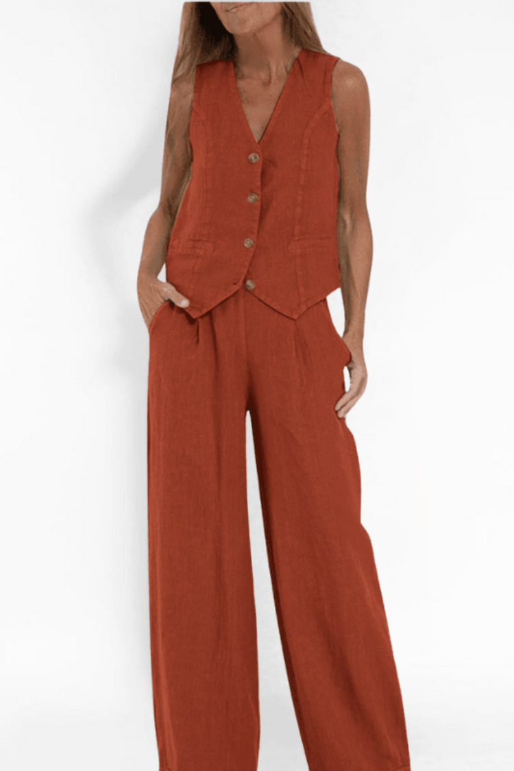 Image of Jennifer | Women's Button-Front Sleeveless Vest and Wide Leg Pants Set