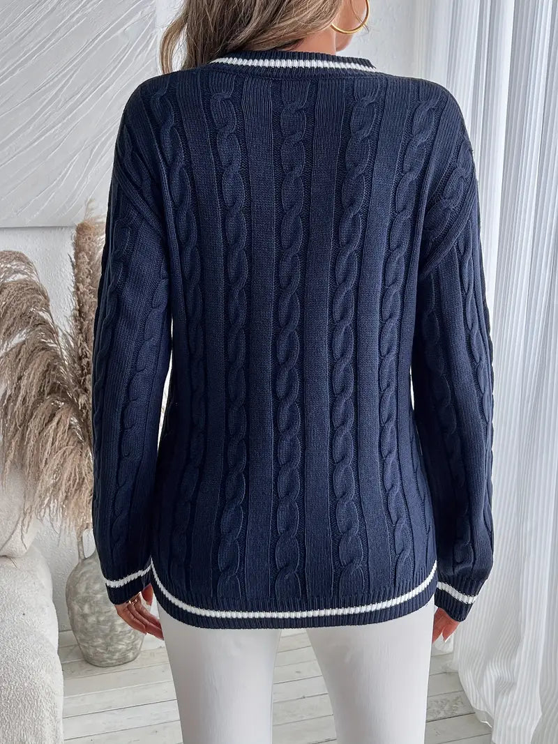 Image of Lilly | Women's V-Neck Cable Knit Sweater