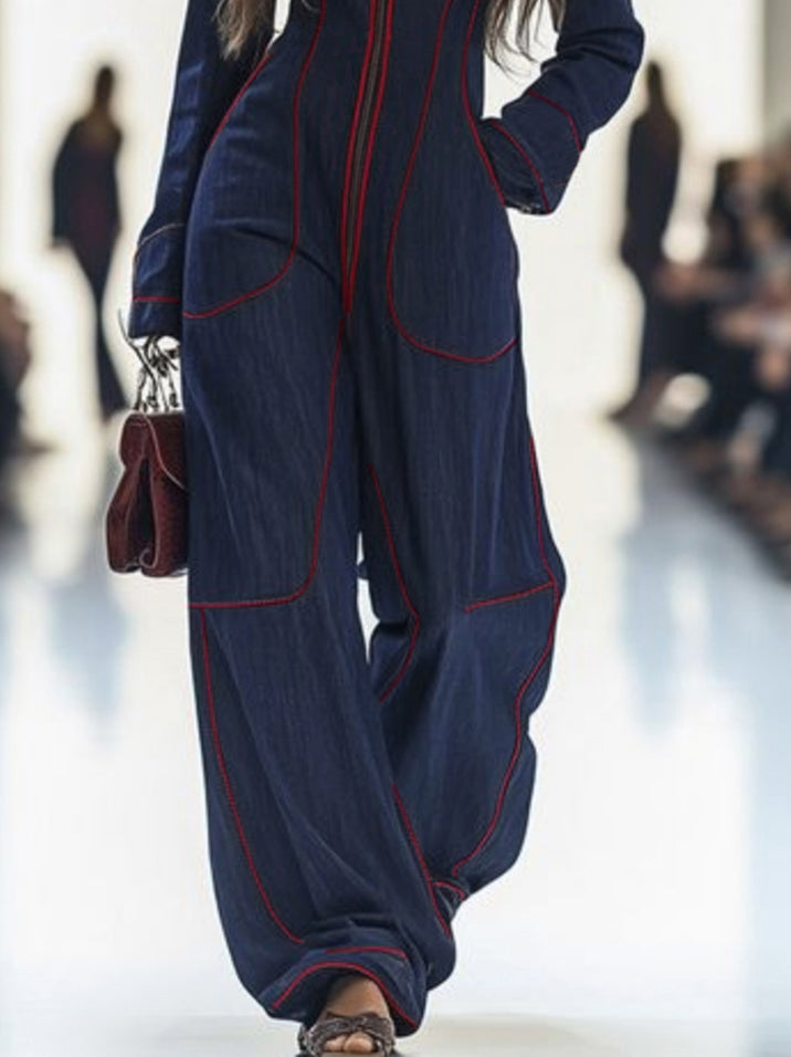 Long-Sleeve Stand-Collar Wide-Leg Zip-Up Jumpsuit