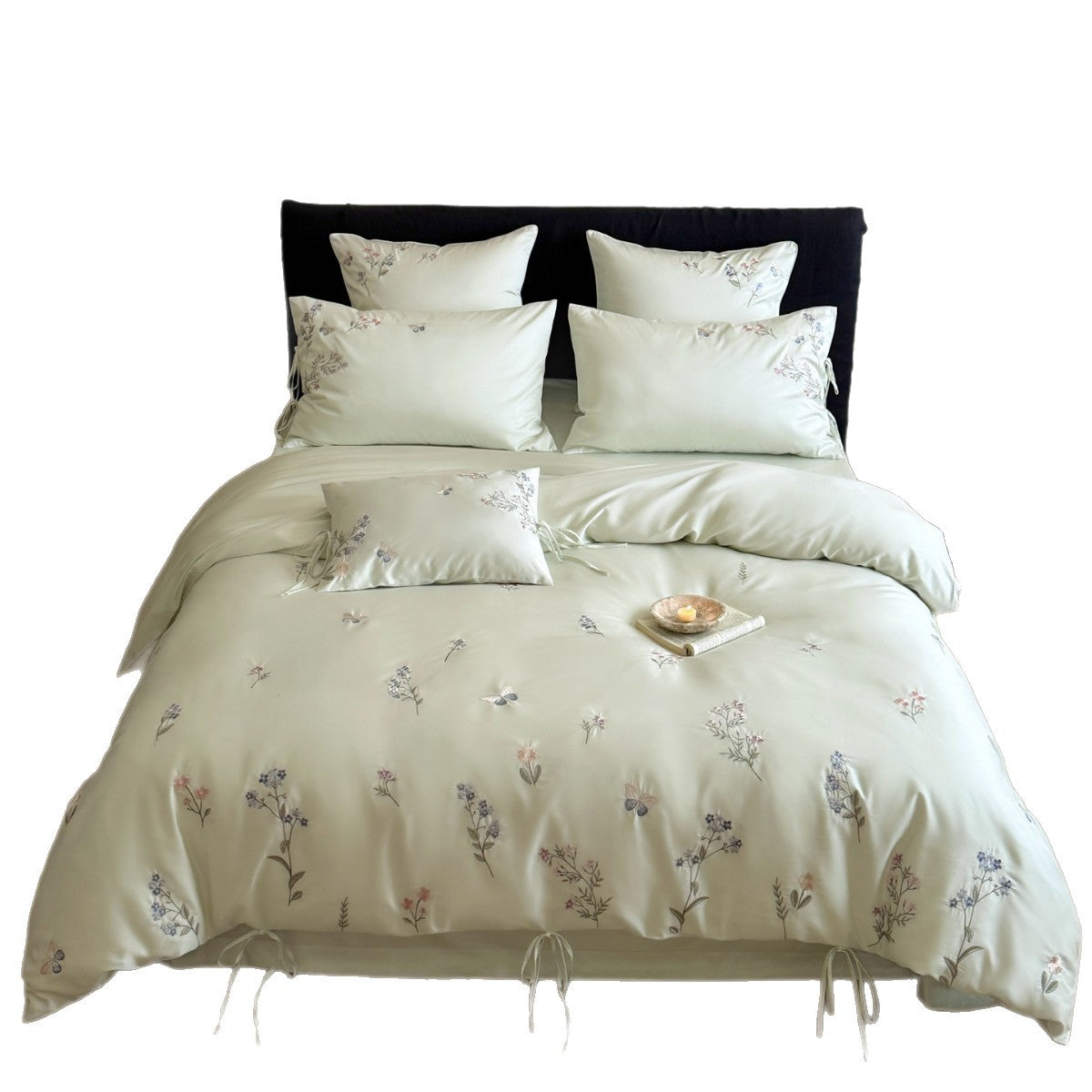 Mako Satin Bedding Set with Floral Embroidery and Ties