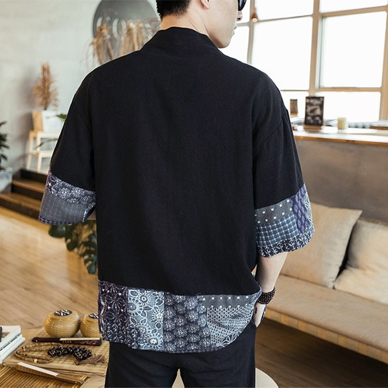Men's Japanese-Style Navy Pattern Haori Yukata Kimono Jacket