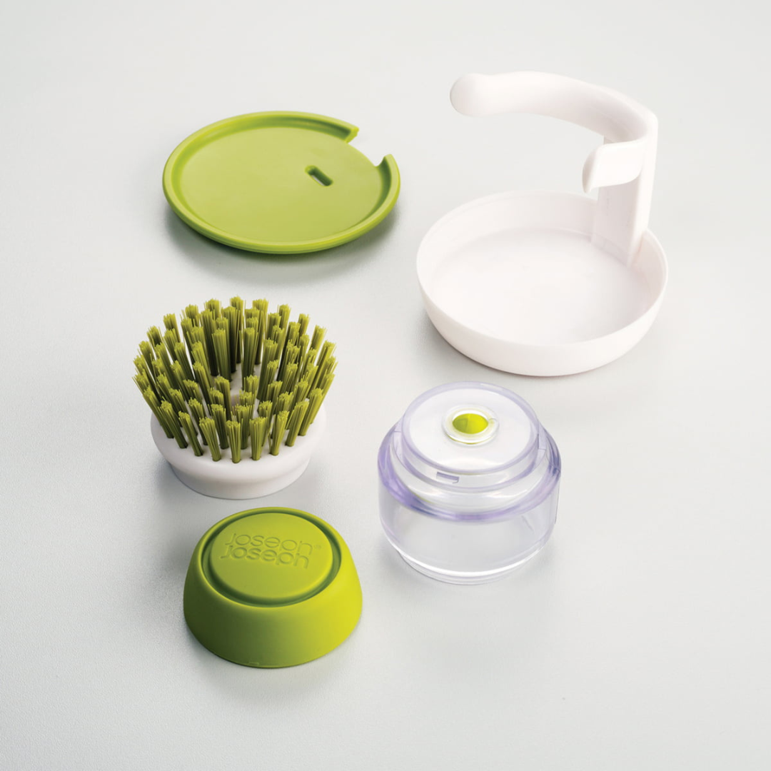 Refillable Soap Dispensing Dish Brush with Non-Scratch Bristles and Draining Stand