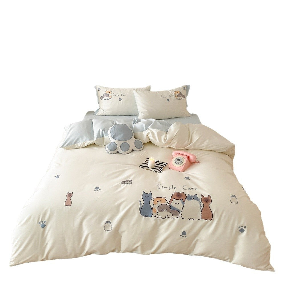 Reversible Microfiber Bedding Set for Kids and Teens with Cartoon Cats and Paw Prints