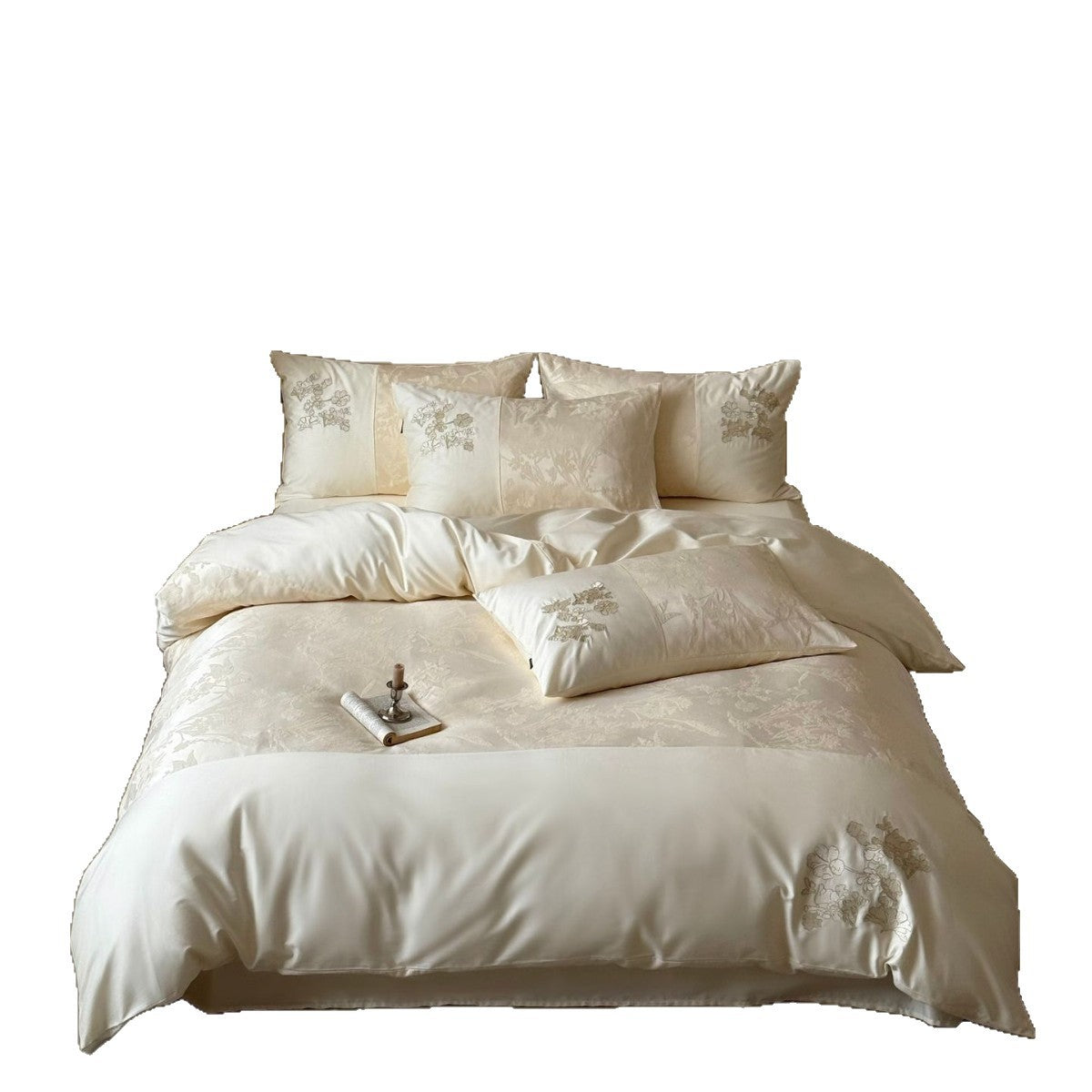 Silky Satin Bedding Set with Jacquard Relief, Floral Embroidery, and Ruffles