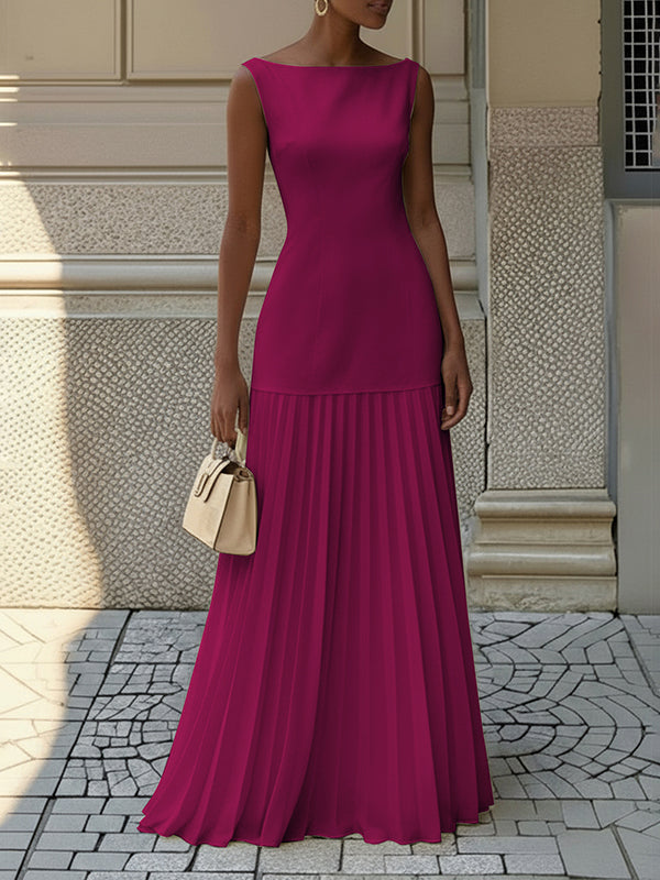 Sleeveless Boat Neck Pleated Maxi Evening Dress