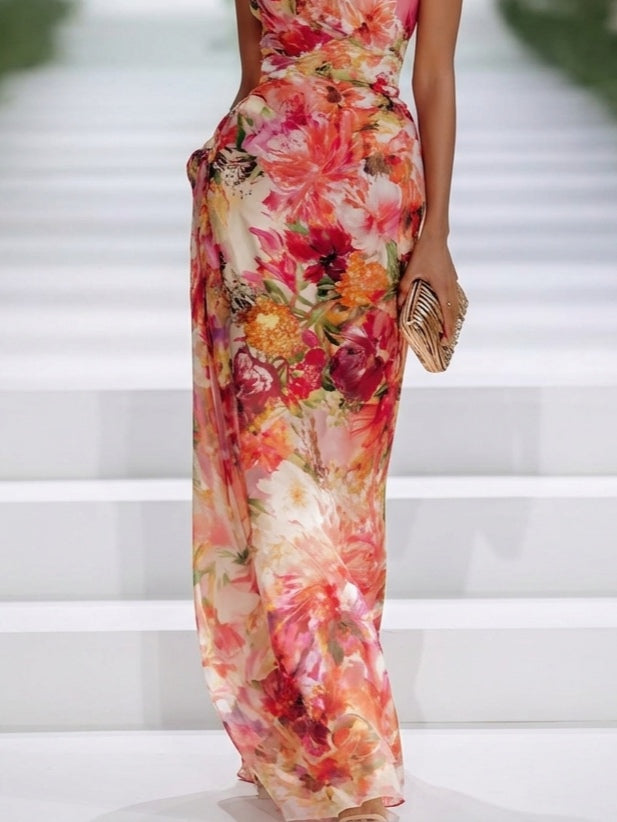 Sleeveless Floral Halter-Neck Wedding Guest Maxi Dress