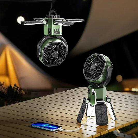 Solar Camping Fan with 6000 mAh Battery, LED Light and 4-Speed Settings