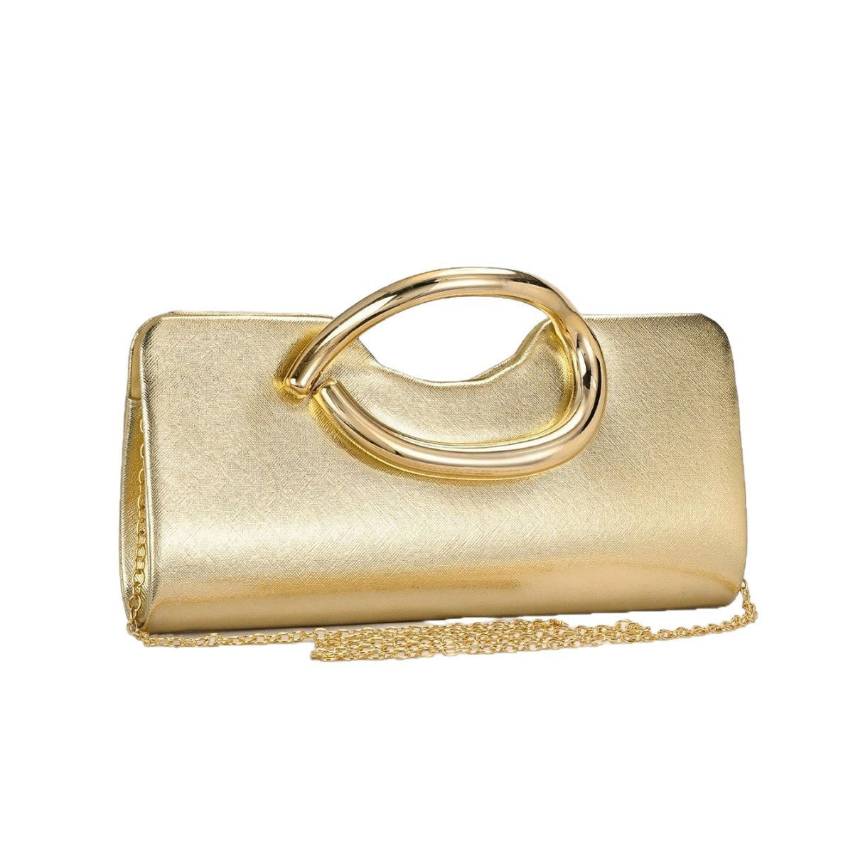 Structured Metallic Evening Clutch with Sculptural Polished Metal Handle