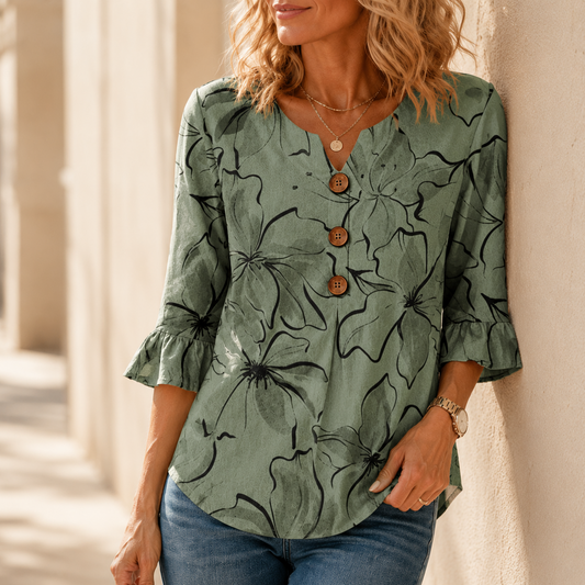 Watercolor Floral Ruffle Sleeve V-Neck Blouse