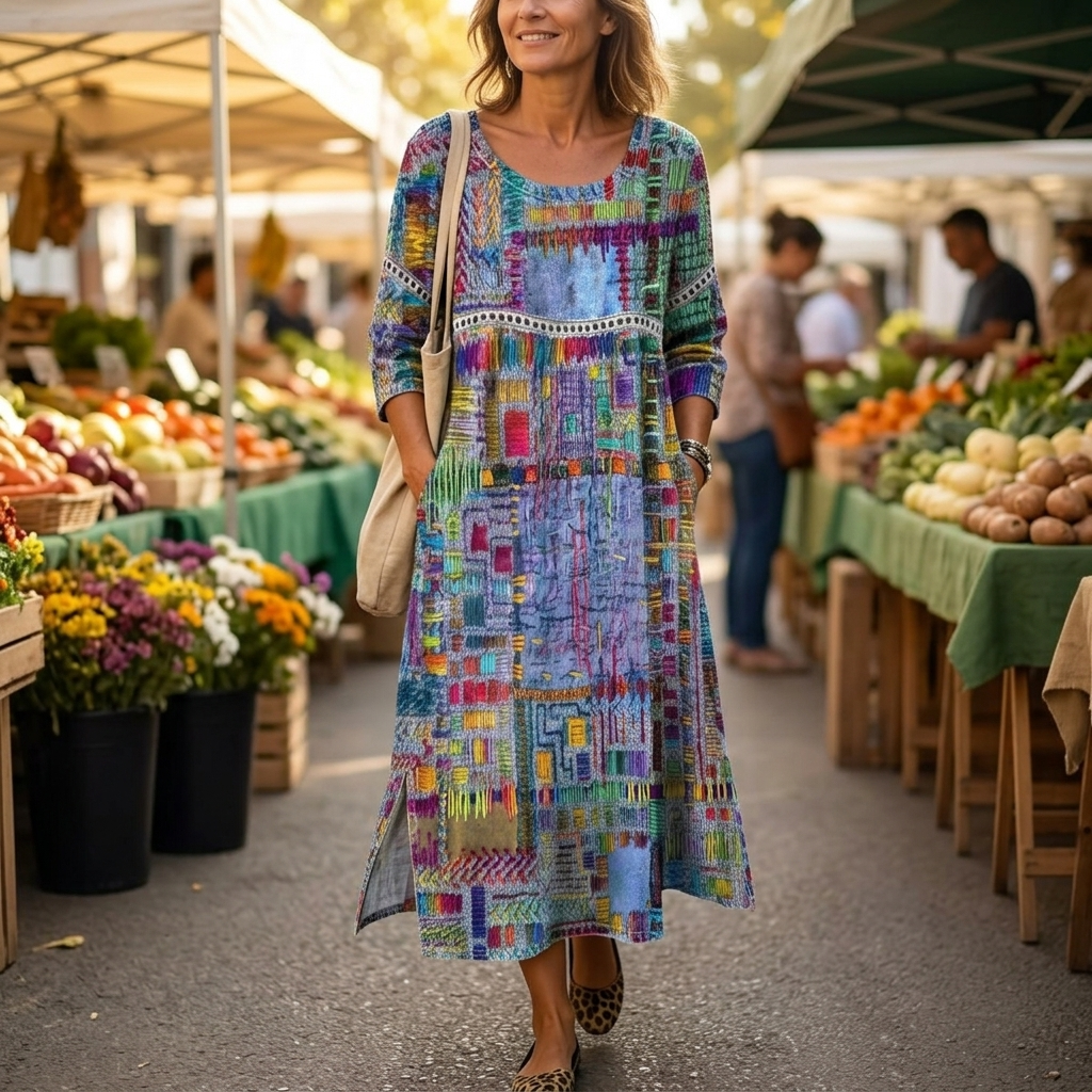 Women's Artisan Print Midi Dress with Pockets