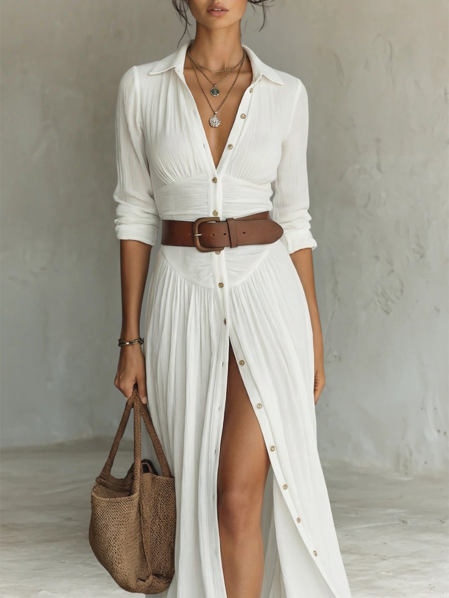 Women's Button-Through Belted Maxi Shirt Dress