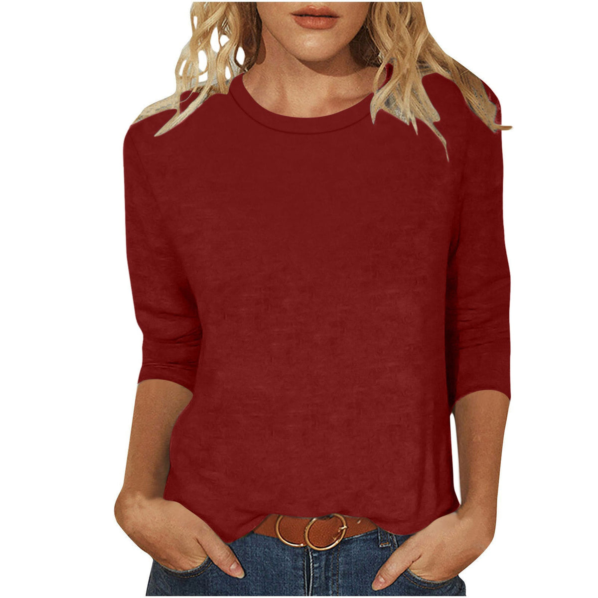 Women's Casual Loose Fit 3/4 Sleeve Round Neck Top with Side Slits