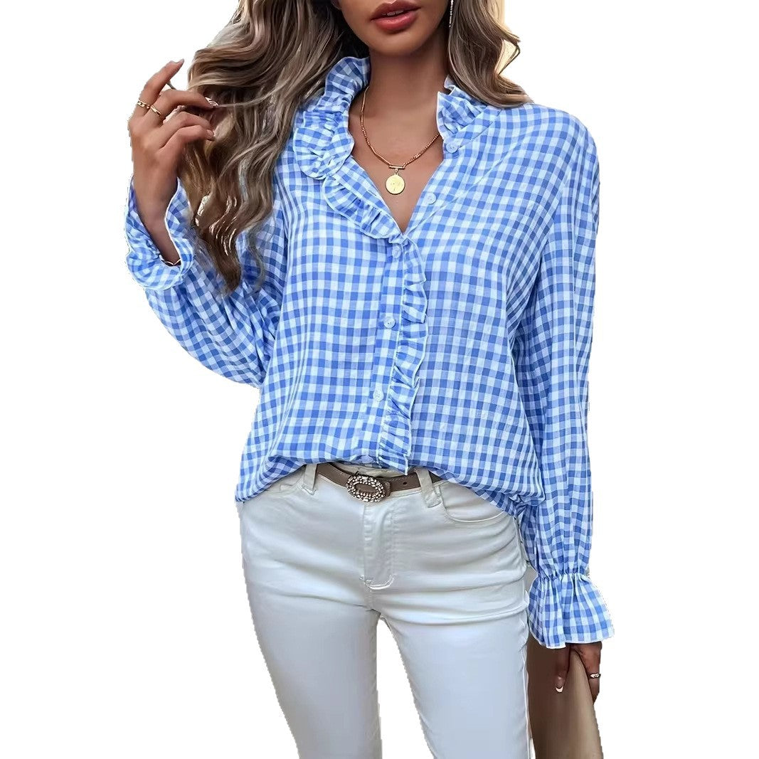Women's Checkered Ruffle Blouse with Stand-Up Collar, Concealed Button Placket, and Bell Sleeves