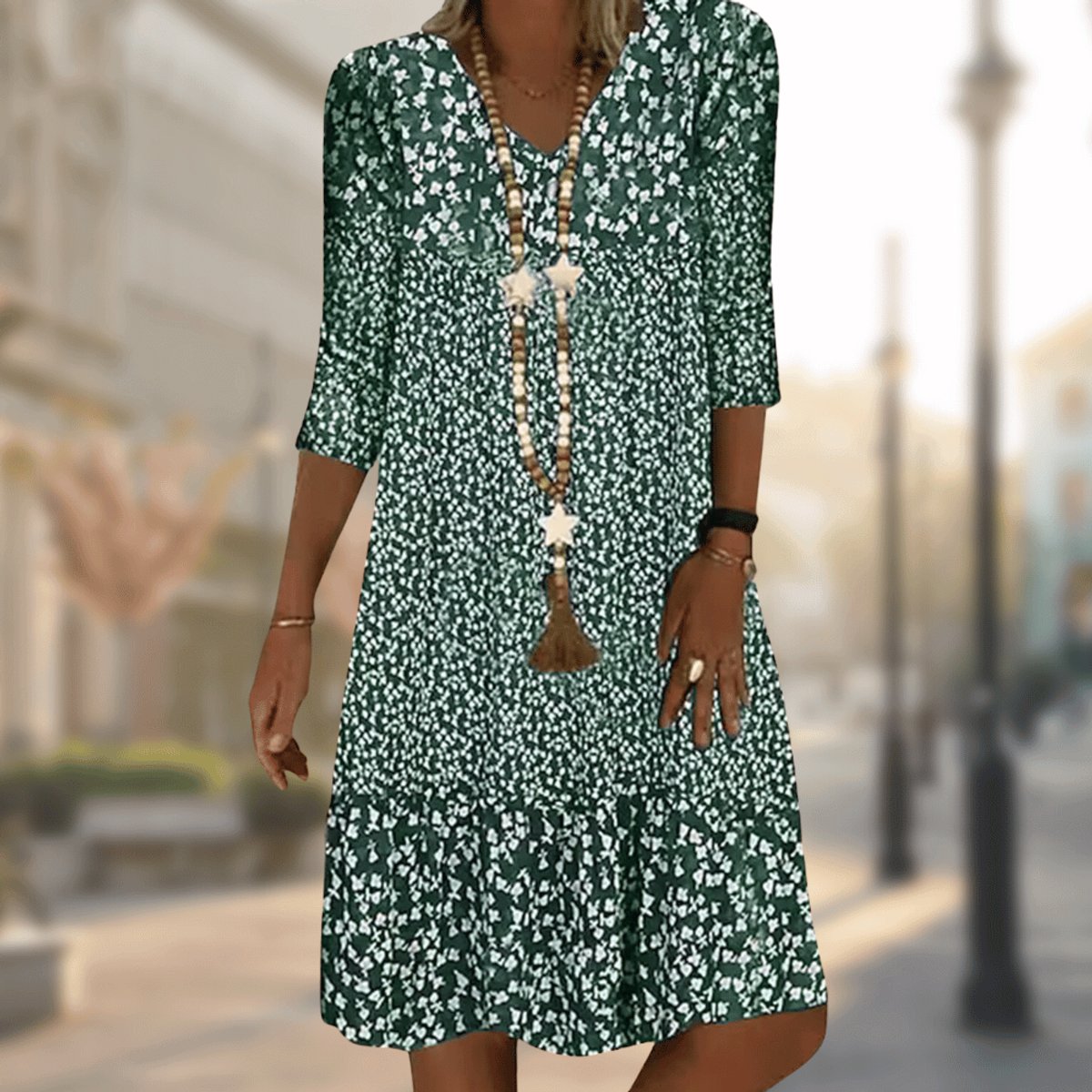 Women's Floral Print V-Neck 3/4 Sleeve Midi Swing Dress