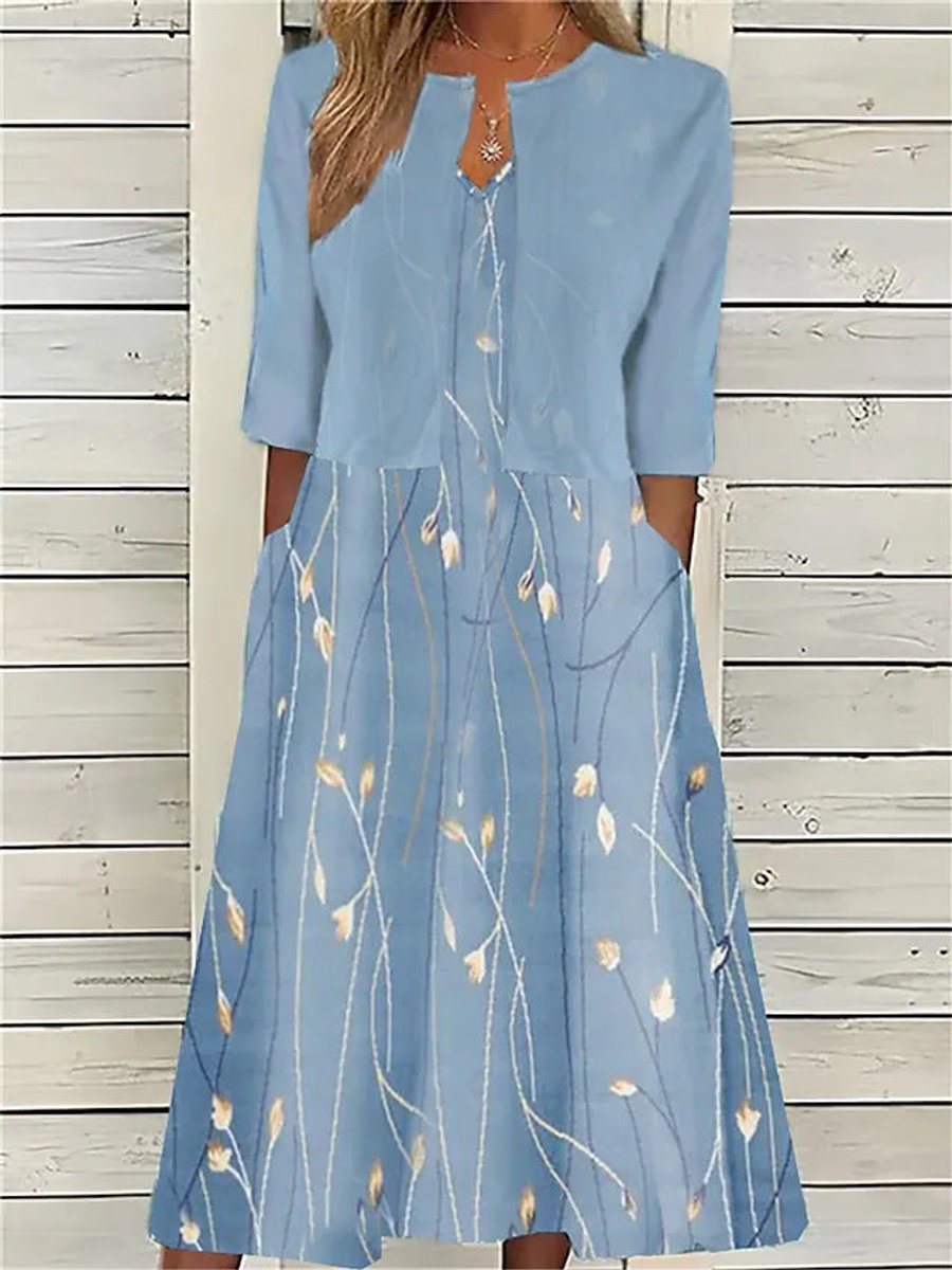 Women's Floral Two-Piece Midi Dress with 3/4 Sleeves and Round Neck