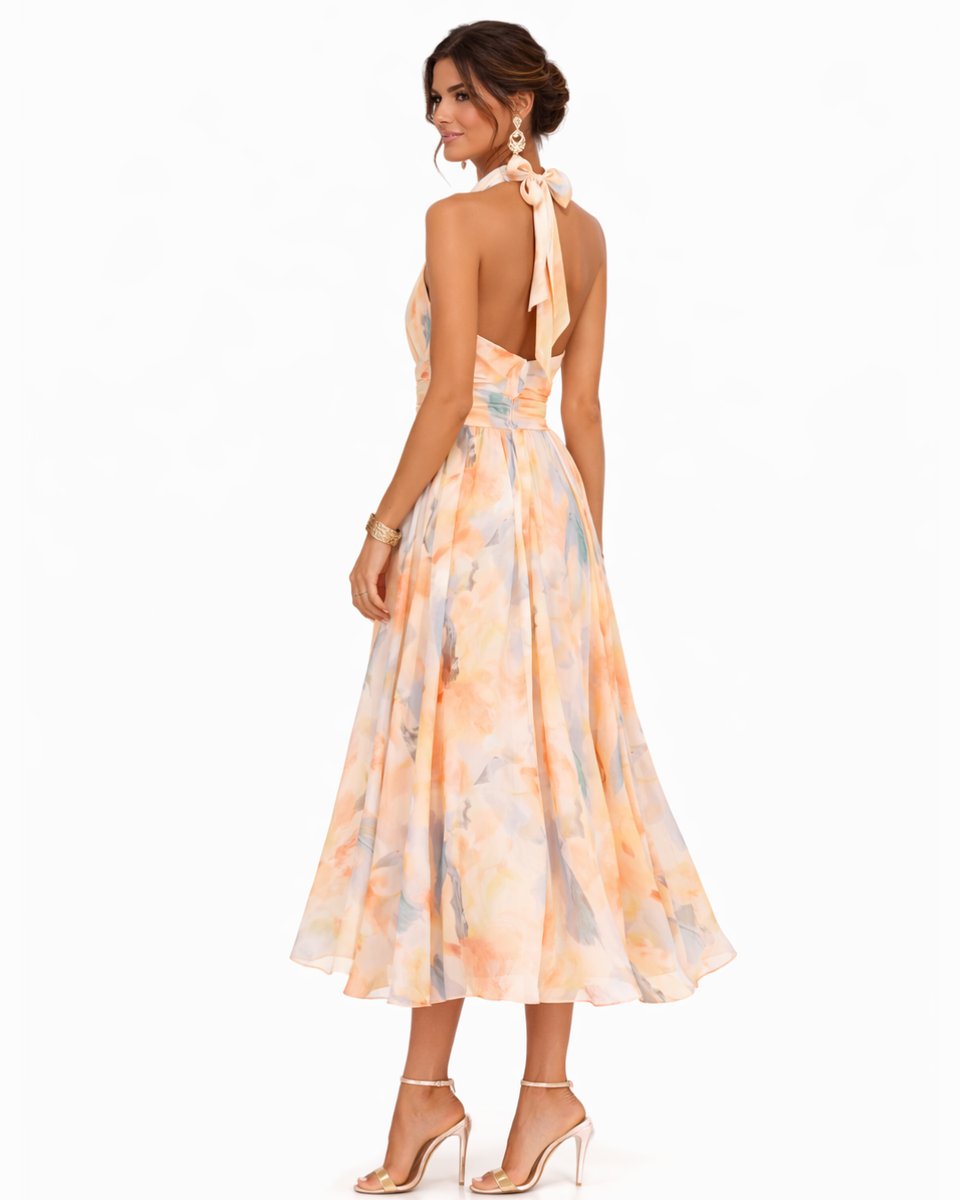 Women's Floral Watercolor Halter-Neck Chiffon Midi Dress