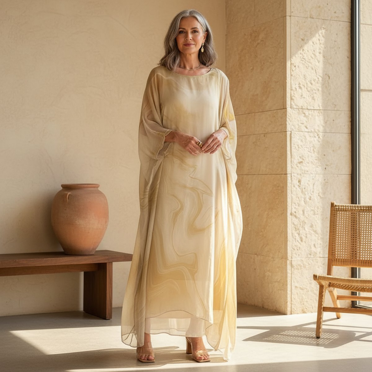 Women's Flowy Batwing Long Sleeve Dress With Maxi Silhouette