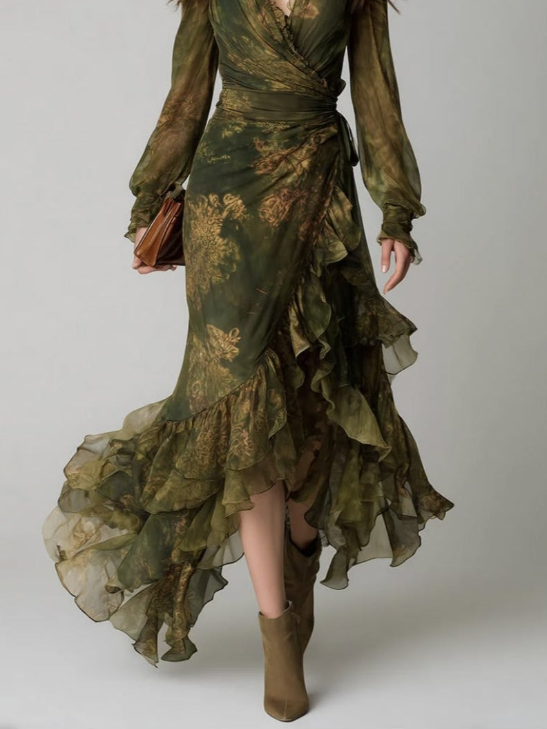 Women's Green Floral V-Neck Wrap Maxi Dress with Ruffle Hem