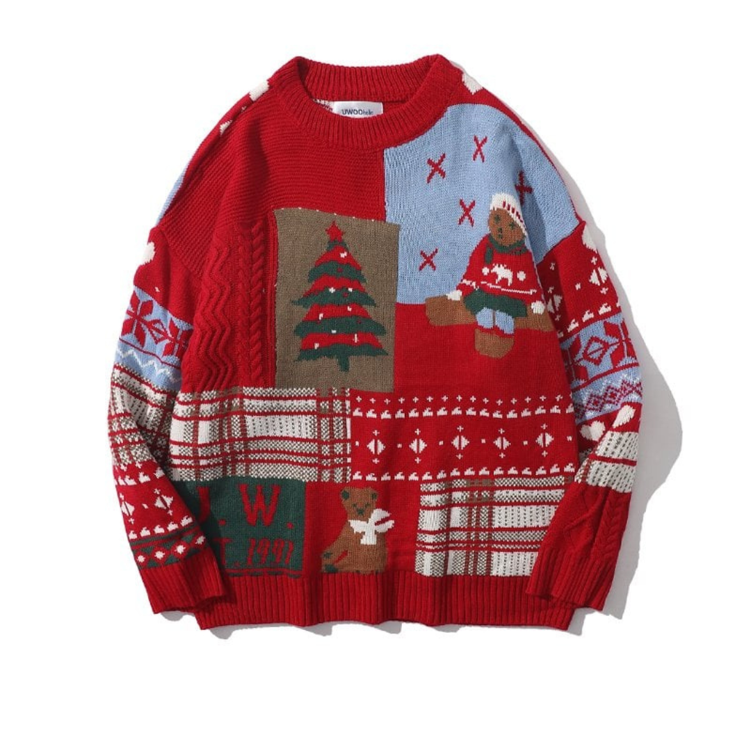 Women's Knitted Christmas Sweater with Bear Pattern, Cozy Knitwear