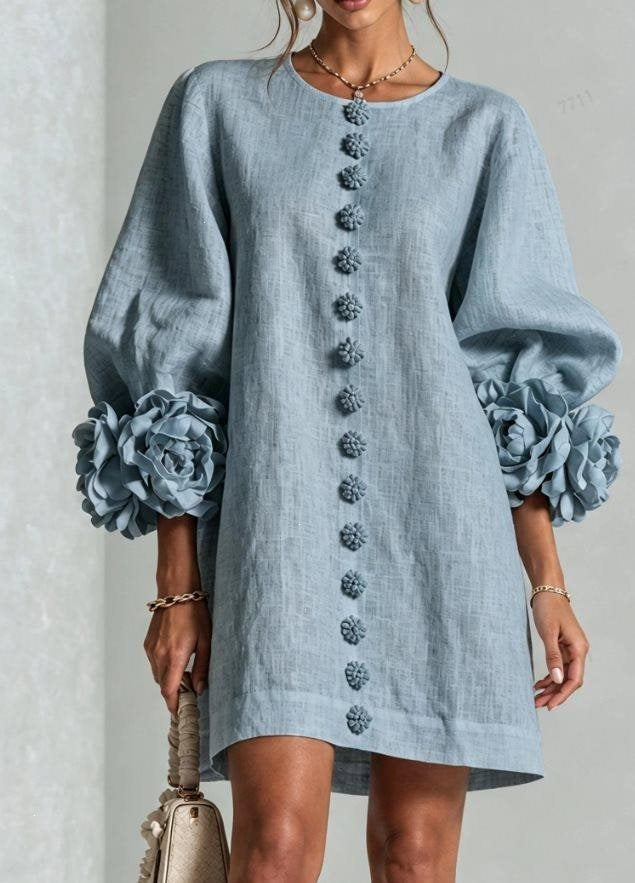 Women's Linen Mini Dress with 3D Flower Sleeves, Button Front and Pockets