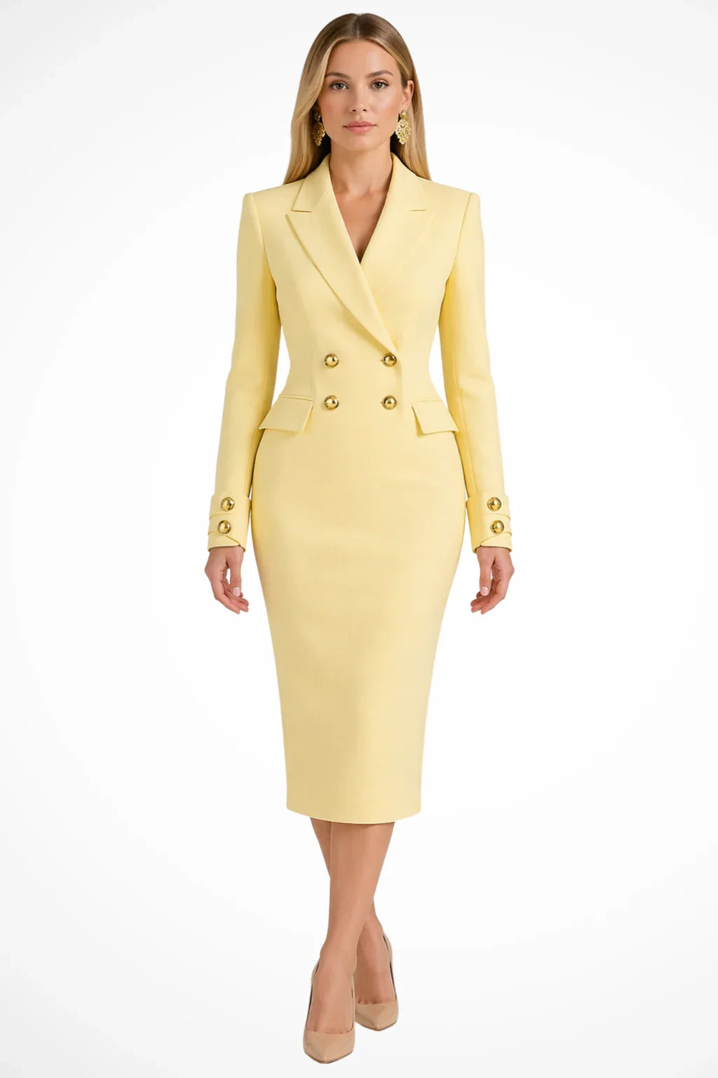 Women's Longline Double-Breasted Blazer Occasion Midi Dress with Buttons