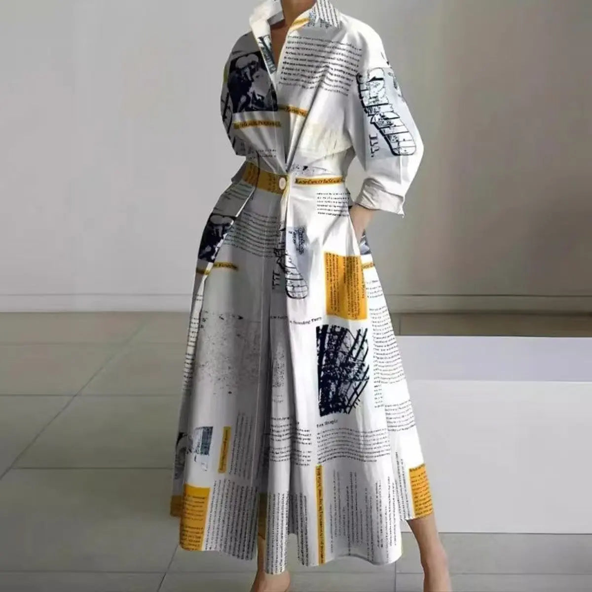 Women's Newspaper Print Collared Wrap Maxi Dress
