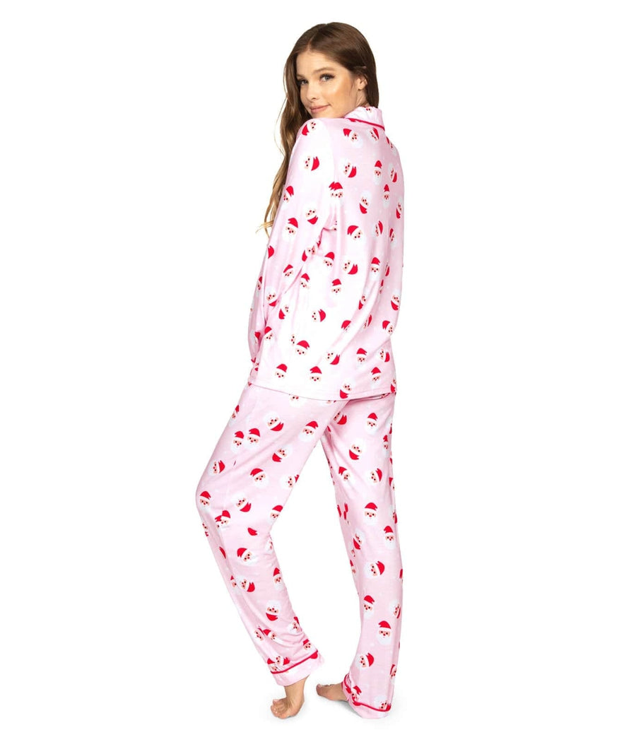 Women's Pink Holiday Loungewear Set with Santa Motif and Lapel Collar Top