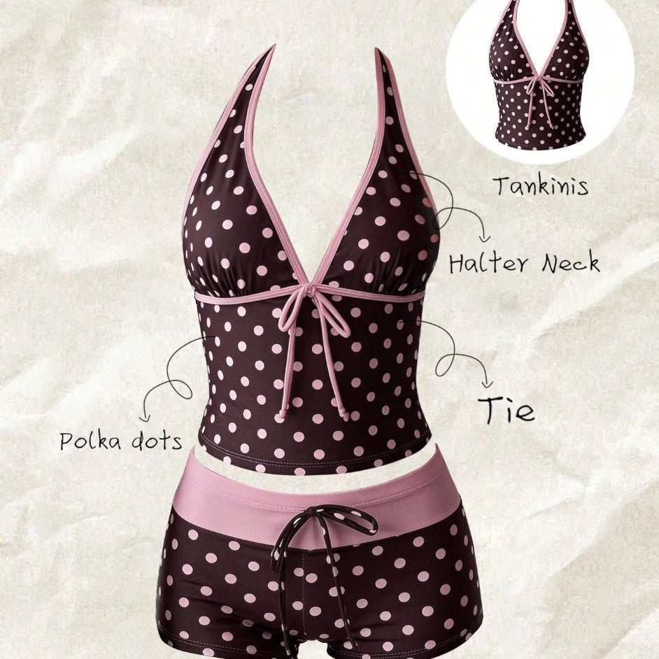 Women's Polka Dot Tankini with Adjustable Halter Neck