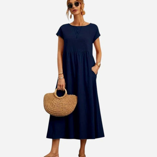Women's Relaxed-Fit Short-Sleeve Round-Neck Flowy Midi Dress
