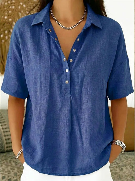 Women's Relaxed-Fit Snap-Button Collared Linen Pullover Top