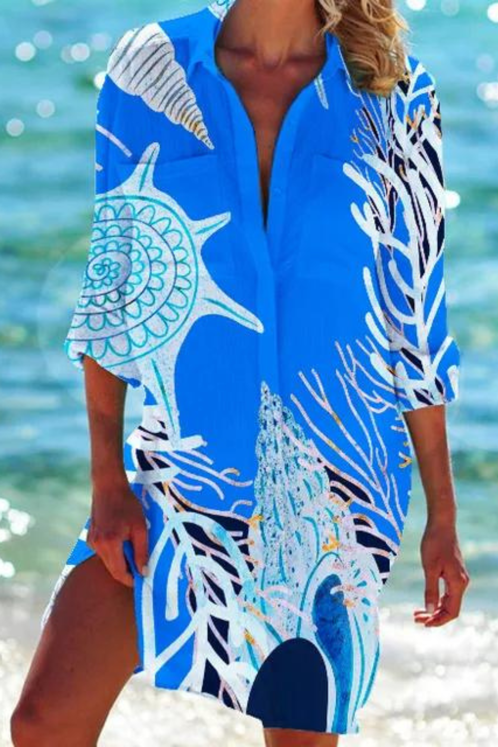 Women's Seashell & Coral Print Relaxed Beach Cover-Up