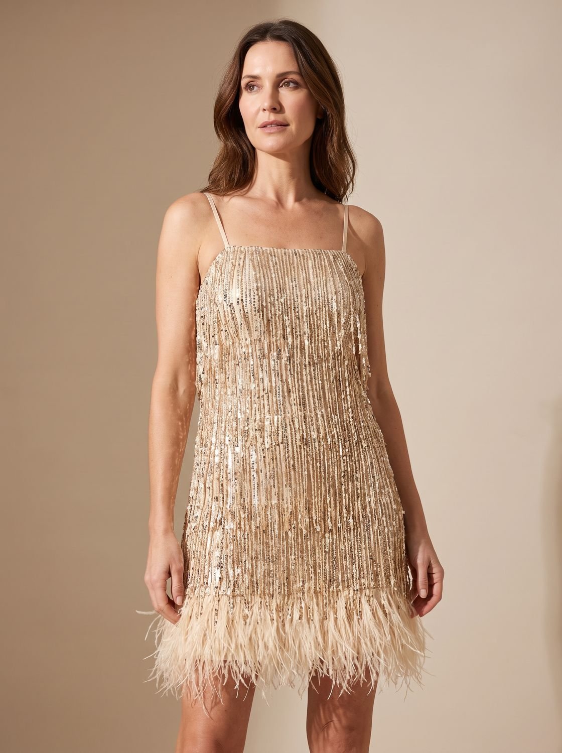 Women's Sequin Feather-Trim Spaghetti-Strap Mini Dress