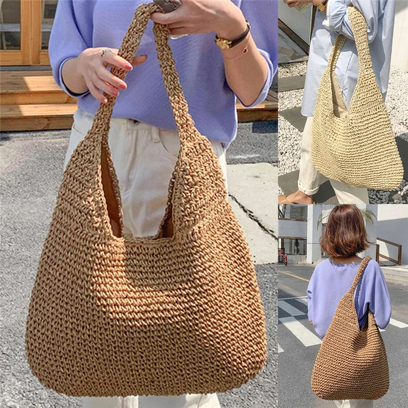 Women's Shoulder Bag in Woven-Texture Polyester with Paper Lining - Spacious Shopper Tote with Two Long Handles