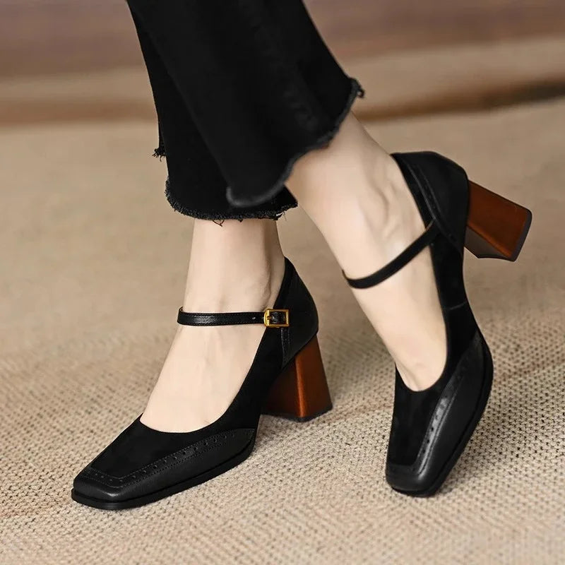 Women's Square Toe Block Heel Buckle Strap Mary Jane Shoes