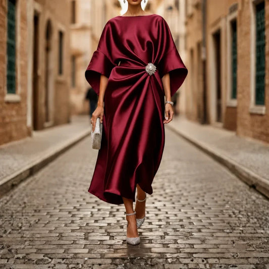 Women's V-Neck Midi Dress with Elbow Sleeves and Flared Skirt