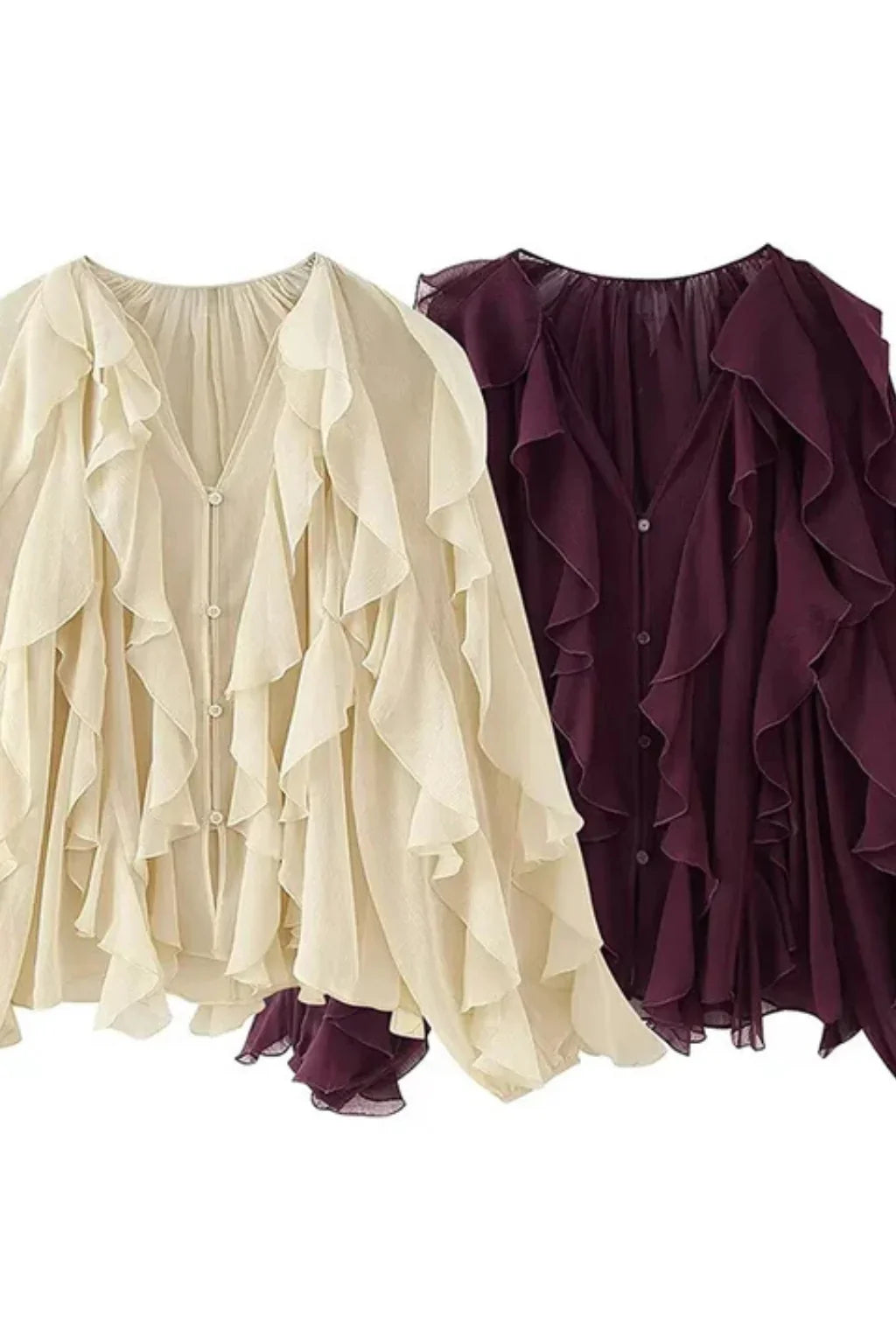 Women's V-Neck Ruffle Button-Up Long Sleeve Blouse