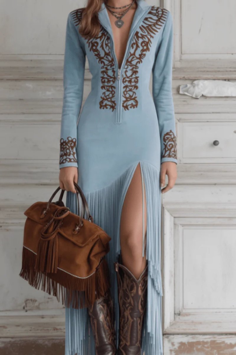 Women's Western Fringed Long-Sleeve Maxi Evening Dress