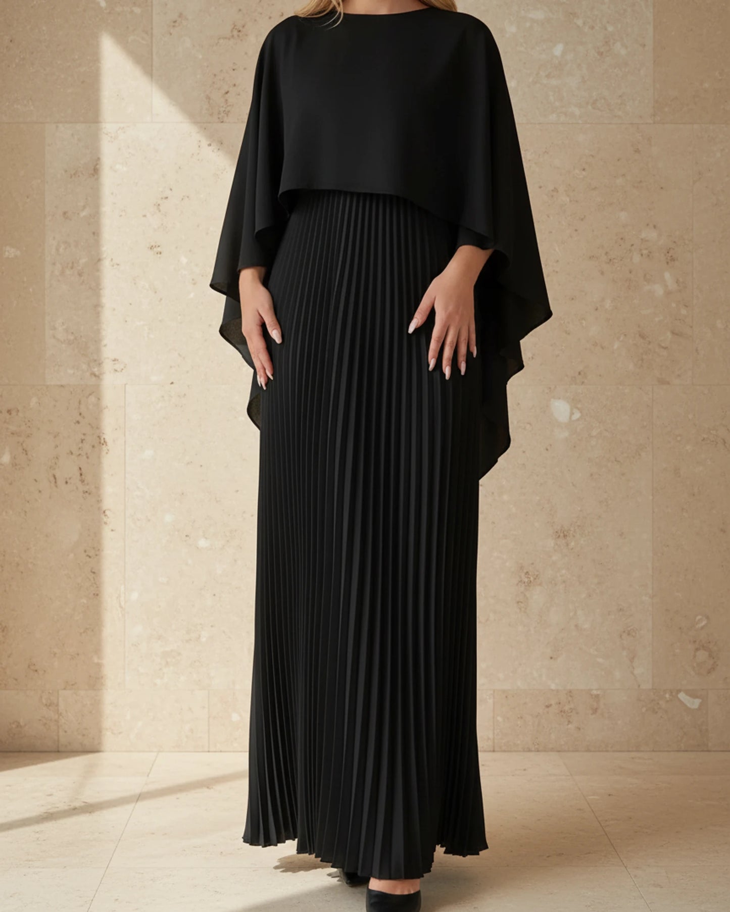 Women's Pleated Cape Maxi Dress