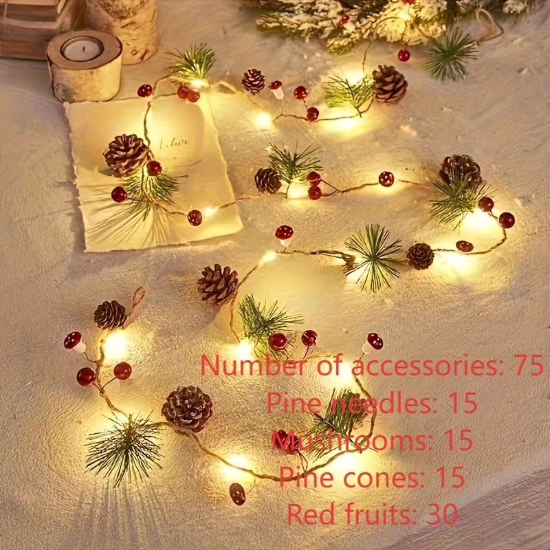 1pc Christmas Pine Needle & Mushroom String Lights, 20-LED Holiday Garland Fairy Lights for Home, Room, Office, Wedding & Wall Decor (Battery Not Included)